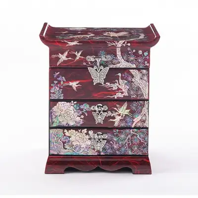 Crane and Scholar Three-Drawer Mother-of-Pearl Jewelry Box (Hanji, Red)