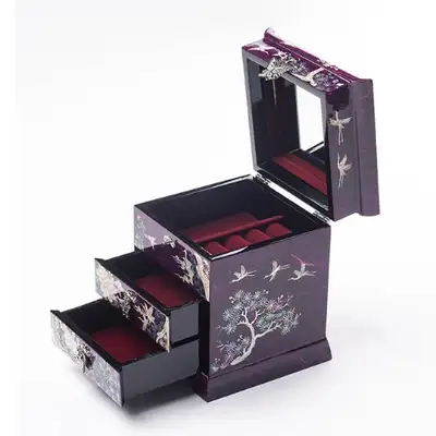 Crane and Scholar 3-Drawer Mother-of-Pearl Jewelry Box (Korean Paper, Purple)