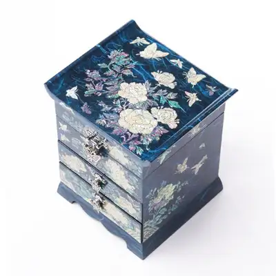 Peony Scholar 3-Drawer Mother-of-Pearl Jewelry Box (Korean Hanji Paper, Blue)