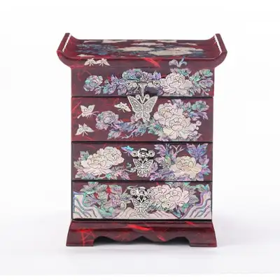 Peony Scholar Three-Drawer Mother-of-Pearl Jewelry Box (Hanji, Red)