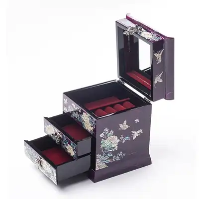 Peony Scholar Three-Drawer Nacre Jewelry Box (Korean Paper, Purple)
