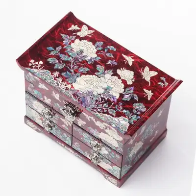 Peony Scholar Mother-of-Pearl Jewelry Box with 5 Drawers - Medium (Korean Paper, Red)