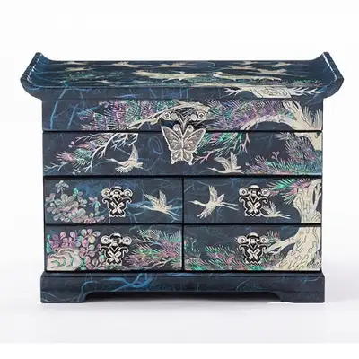 Pine and Crane Scholar 5-Drawer Mother-of-Pearl Jewelry Box Large (Hanji, Blue)