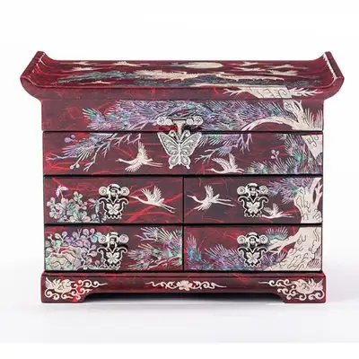 Song-hak Scholar 5-Drawer Mother-of-Pearl Jewelry Box Large (Hanji, Red)