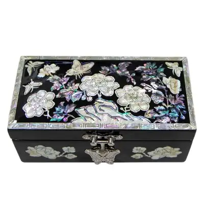 Joseon Mother-of-Pearl Hand-Inlaid Jewelry Box - Peony, Crane, Butterfly, Bird and Flower Design (1-Tier, by Oh Myung-ho)