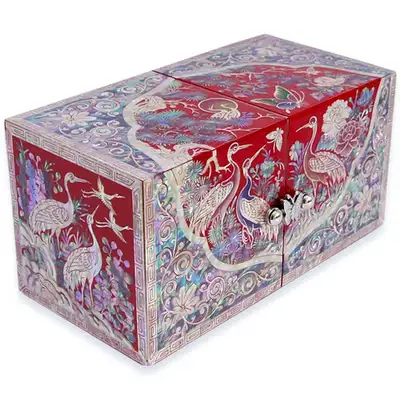 Round Pine and Crane Mother-of-Pearl Jewelry Box (Medium, Small) - Work by Oh Myung-ho
