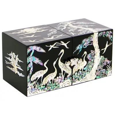 Lacquerware Mother-of-Pearl Jewelry Box with Pine and Crane Design - Medium Size