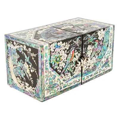 Twin-Case Mother-of-Pearl Jewelry Box with Flower and Bird Design (Black)