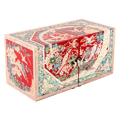 Mother-of-Pearl Twin Jewelry Box with Bird and Flower Design (Large, Red)