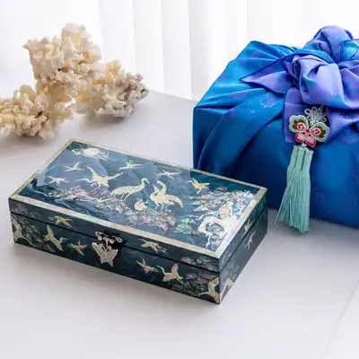 Korean Hanji Pine and Crane Single-Tier Left-Side Jewelry Box (Blue) - Work by Oh Myung-ho