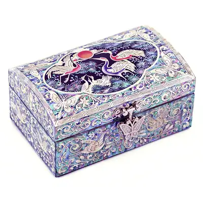 Pirate Box Pine and Crane Cloud Pattern Border Single-Tier Jewelry Box (Black) Medium - Obra by Oh Myung-ho