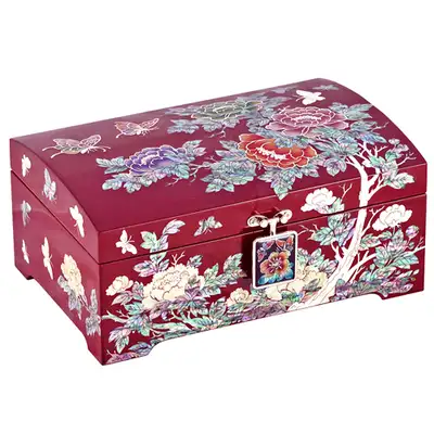 Peony Butterfly Two-Tier Rolling Jewelry Box (Red)