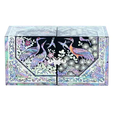 Pine and Crane Octagonal-Bordered Double Jewelry Box (Black, Artwork by Oh Myeong-ho)