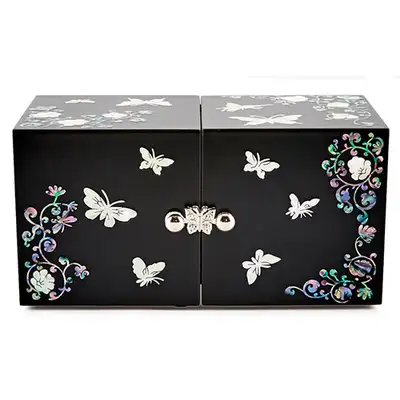 Nacre Lacquerware Dual-Box Mother-of-Pearl Jewelry Box with Butterfly Pattern - Medium Size