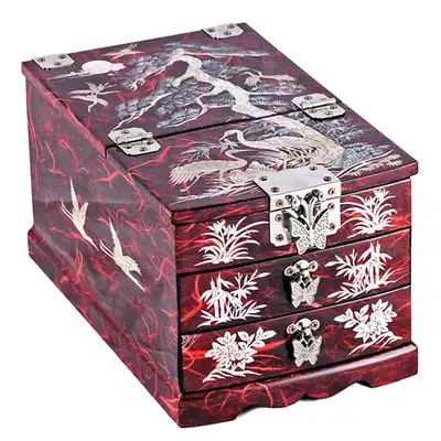 Hanji Crane and Pine 2-Drawer Vanity Jewelry Box (Red) Large