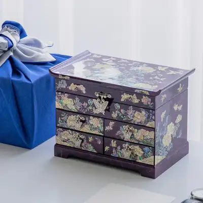 Peony Scholar 5-Drawer Mother-of-Pearl Jewelry Box Medium (Korean Paper, Purple)