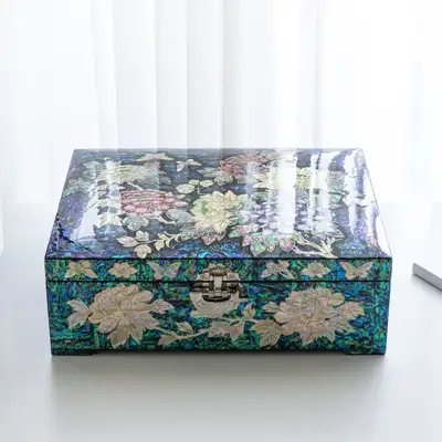 Premium Inlaid Shell Lacquerware Jewelry Box with Peony Pattern 34cm