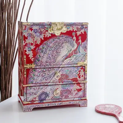 Premium Nacre Lacquerware Peacock Half-Fold Drawer Jewelry Box (Extra Large, Red & Black) - Artisan Jang Tae-bok
