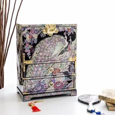 Premium Najeon Chilgi Peacock Cabinet with Half-Folding Door and Drawer Jewelry Box (Extra Large, Black/Red) - Work by Jang Tae-bok