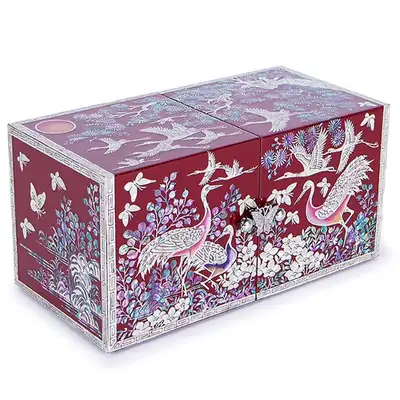 Crane Mother-of-Pearl Jewelry Box with Dual Lid (Red, Large)