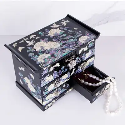 Peony Scholar 5-Drawer Mother-of-Pearl Jewelry Box Medium (Glossy Black)