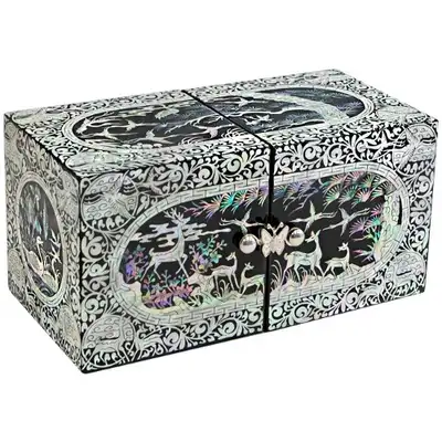 Premium Mother-of-Pearl Inlaid Lacquerware Ten Symbols of Longevity Oval-Bordered Double-Tier Jewelry Box