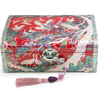Premium Mother-of-Pearl Lacquerware Moon Pine Crane Two-Tier Jewelry Box Red (30cm Accessory Storage Box, Betrothal Gift Box)