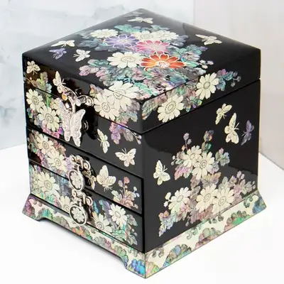 Colored Chrysanthemum 3-Drawer Mother-of-Pearl Jewelry Box