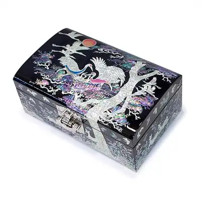 Premium Mother-of-Pearl Inlaid Lacquerware Moon, Crane, and Pine 2-Tier Jewelry Box