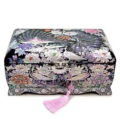 Premium Mother-of-Pearl Lacquerware Peacock 2-Tier Jewelry Box - Artwork by Park In-ho