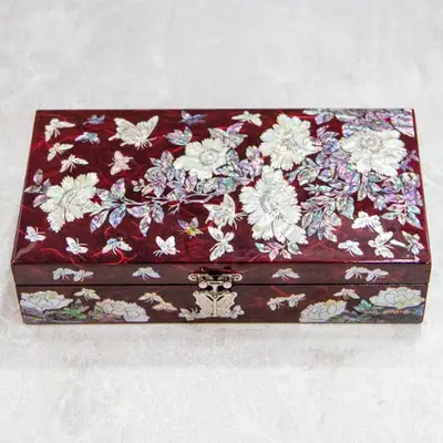 Single-Tier Red Peony Mother-of-Pearl Bridal Gift Box & Jewelry Box
