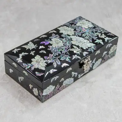 Single-Tier Peony Black Mother-of-Pearl Betrothal Box & Jewelry Box
