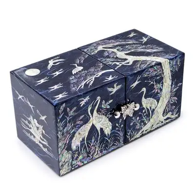 Cranes and Pines Mother-of-Pearl Jewelry Box with Hanji (Medium, Glossy Finish, Blue)