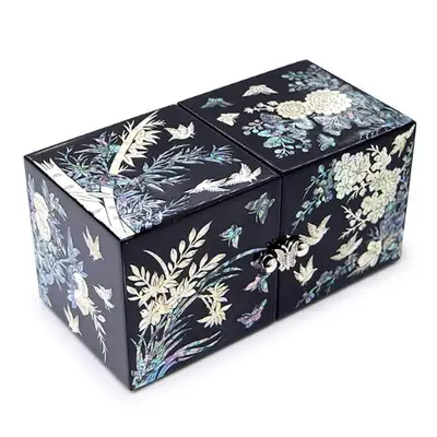 Four Gentlemen Mother-of-Pearl Dual-Compartment Jewelry Box (Medium, Glossy, Black)