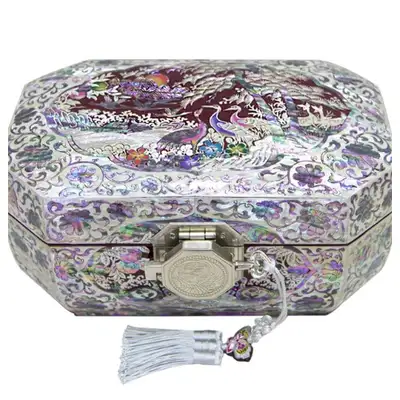 Eight-Sided Ten Symbols of Longevity Mother-of-Pearl Jewelry Box, 2-Tier, Rolling Inlay (Red) - Artist Jang Tae-bok