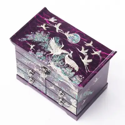 Crane and Scholar 5-Drawer Mother-of-Pearl Jewelry Box Medium (Hanji, Purple)