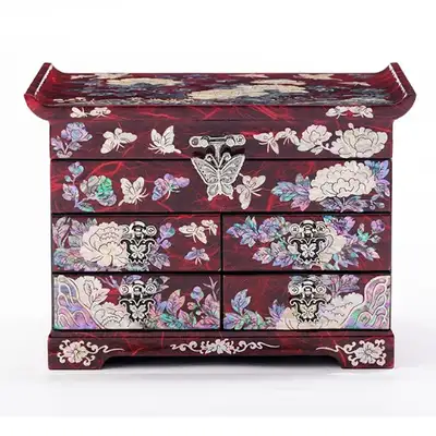 Peony Scholar 5-Drawer Mother-of-Pearl Jewelry Box Large (Hanji, Red)