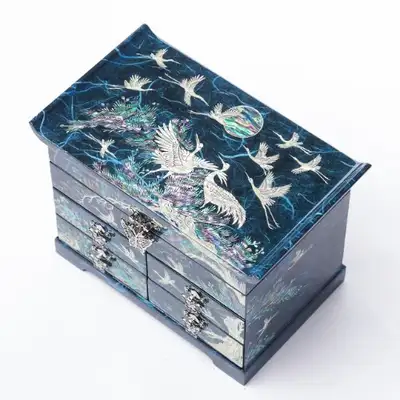 Crane and Scholar Mother-of-Pearl 5-Drawer Jewelry Box Medium (Korean Paper, Blue)