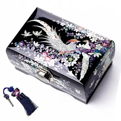 Plum Blossom and Peacock 2-Tier Mother-of-Pearl Jewelry Box (Glossy Black)