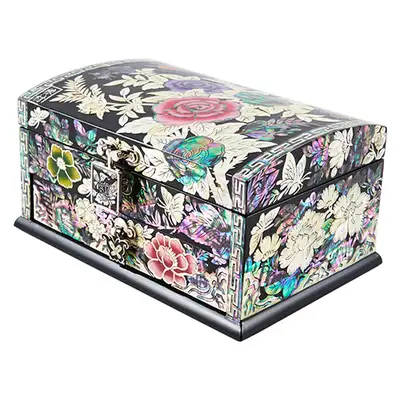 Rose Flower Rolling Embroidery Mother-of-Pearl Jewelry Box (2-Tier, 1 Drawer, Black, 15cm, Kim Young-man)