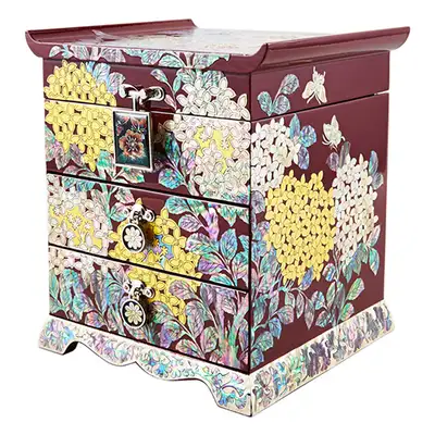 Hydrangea and Tile-Pattern Mother-of-Pearl Jewelry Box with 3 Drawers (Red, Kim Yong-gwan)