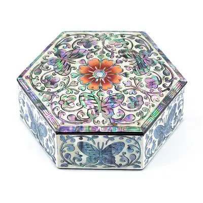 Traditional Vine and Butterfly Small Hexagon Storage Box (Black)