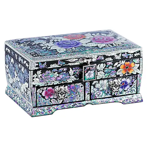 玫瑰花3层刺绣抽屉珠宝盒(黑)-金英万 中 18厘米 — 1