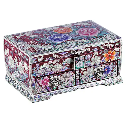 玫瑰花三层绣花抽屉珠宝盒(红)-金英万 中 18厘米 — 1