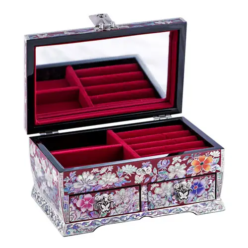 玫瑰花三层绣花抽屉珠宝盒(红)-金英万 中 18厘米 — 3