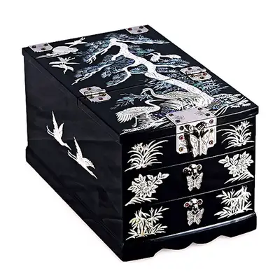 Gloss Crane Two-Drawer Mirror Jewelry Box (Black) Large
