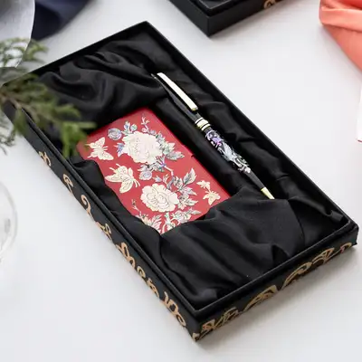 2-Piece Set: Mother-of-Pearl Lacquerware Business Card Case + Mother-of-Pearl Ballpoint Pen (Pine & Crane, Peony Motif)