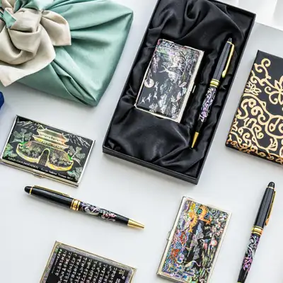 2-Piece Set: Mother-of-Pearl Business Card Case + Crane Mother-of-Pearl Ballpoint Pen - Foreign Buyer Gift & Group Commemorative Gift