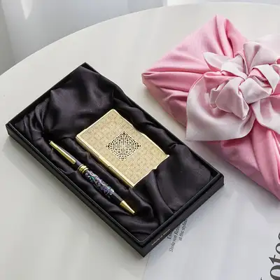 2-Piece Set Gold Silver Metallic Glossy Business Card Case + Mother-of-Pearl Ballpoint Pen