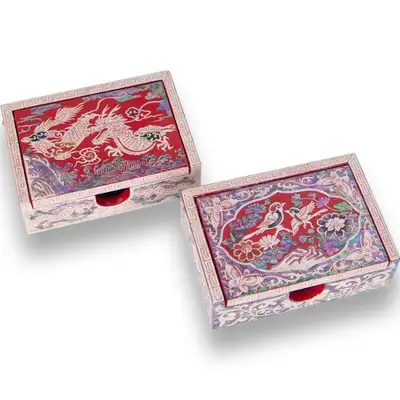 Right-Angle Border Mother-of-Pearl Business Card Case, Red (Dragon, Birds and Flowers) - by Oh Myung-ho